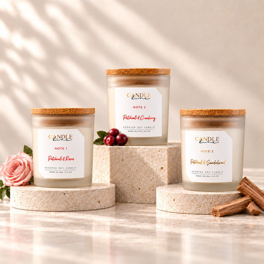 Candle Line Trio Collection featuring Note 1 Patchouli and Roses, Note 2 Patchouli and Cranberry, and Note 3 Patchouli and Sandalwood