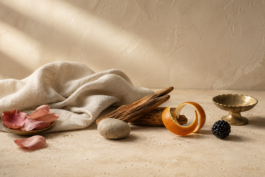 Warm ivory editorial still life representing five Candle Line fragrance atmospheres.